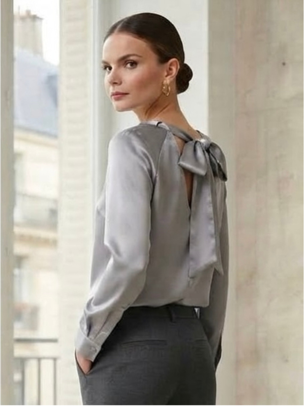 NWT Nine West Satin Tie-Back Silver Gray Long Sleeve Blouse Top Sz Large Elevate